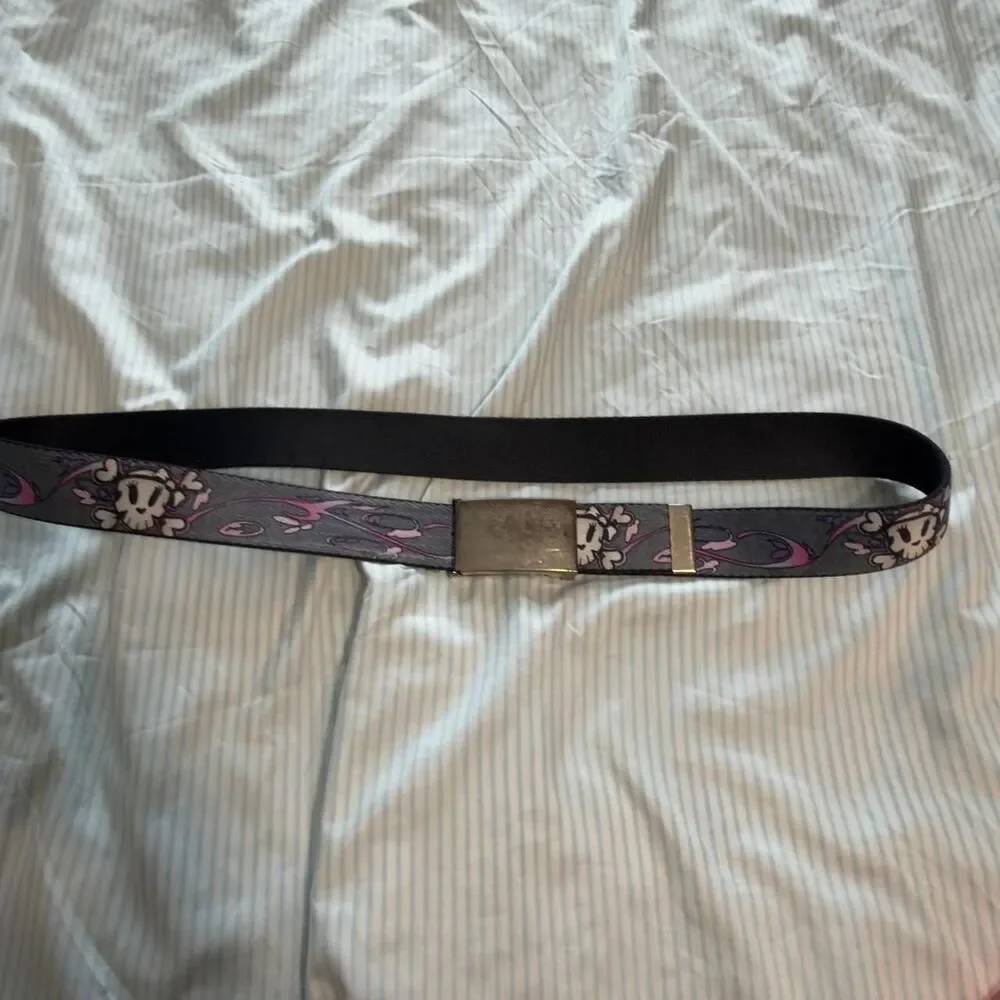 Ed Hardy Skull and Floral Print Canvas Web Belt with Bottle Opener Buckle